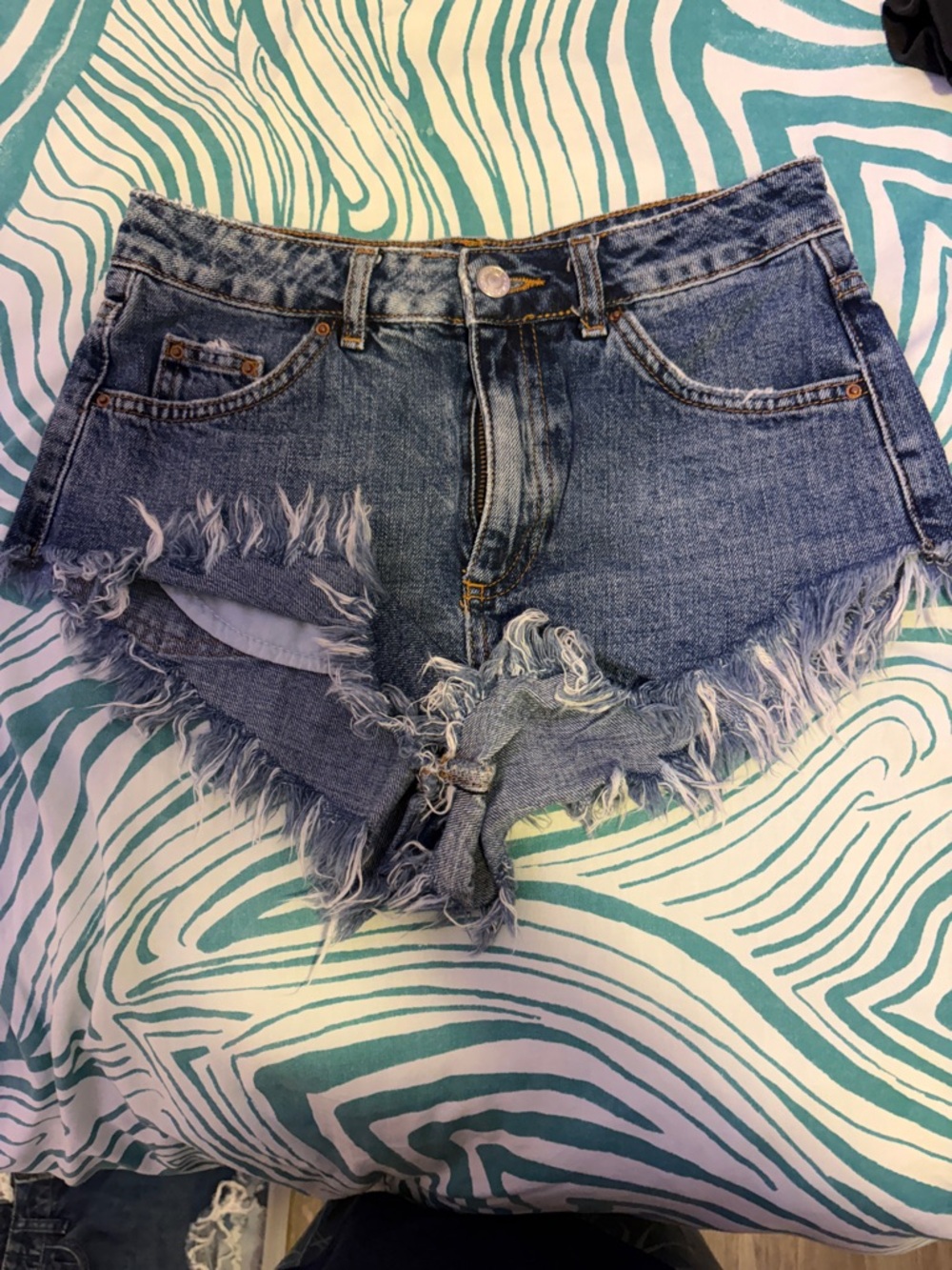 Distressed High-Rise Blue Denim Shorts